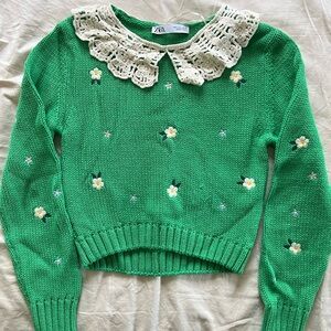 Zara Green Crochet Collar Daisy Embroidered Sweater